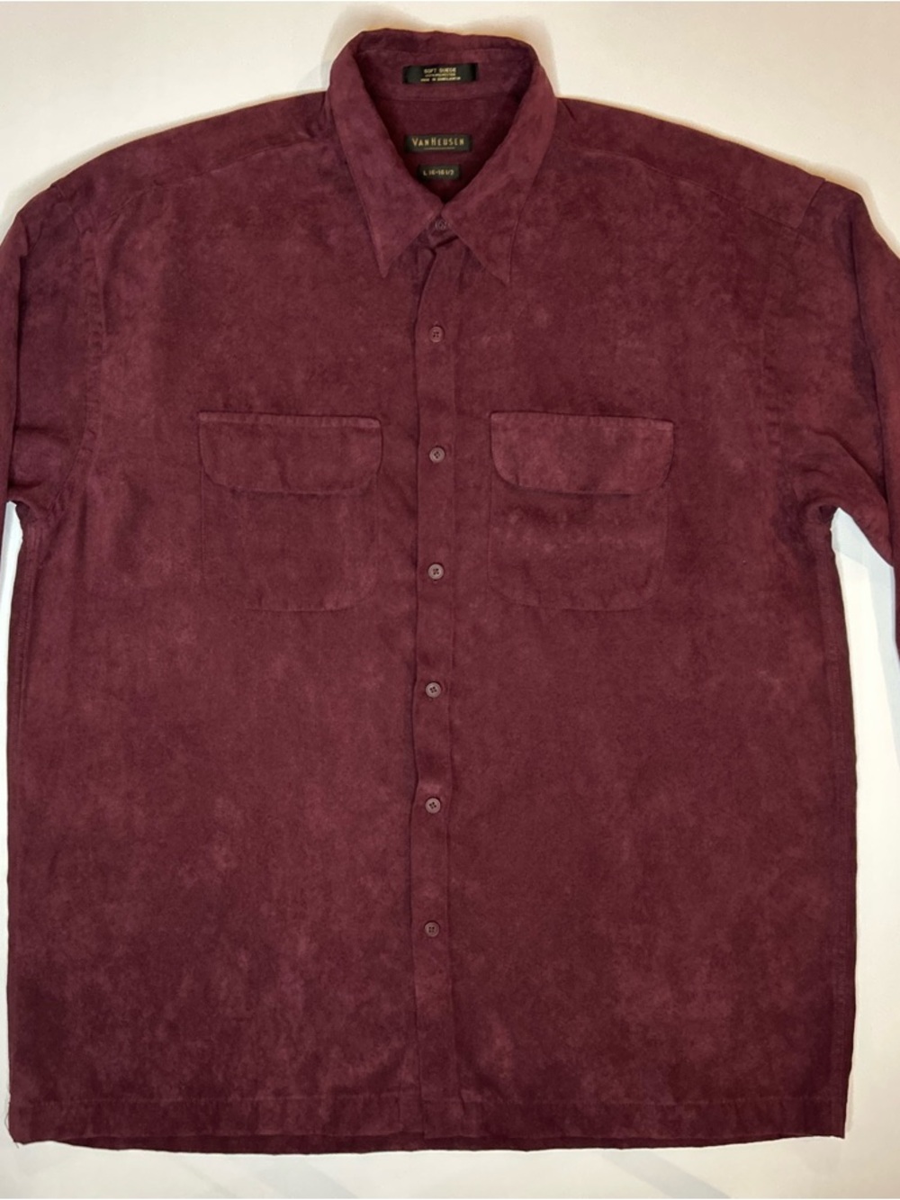 Van Heusen Men's Suede Satin Lined Burgundy Long-Sleeve Button-Up Shirt Size L